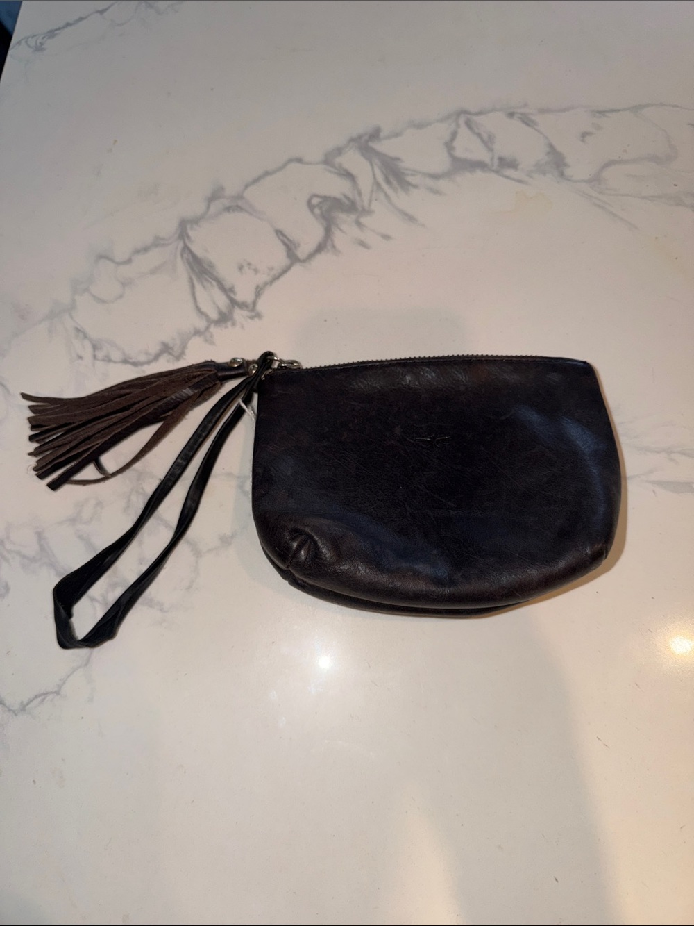 Women's Black Leather Wristlet Clutch with Tassel